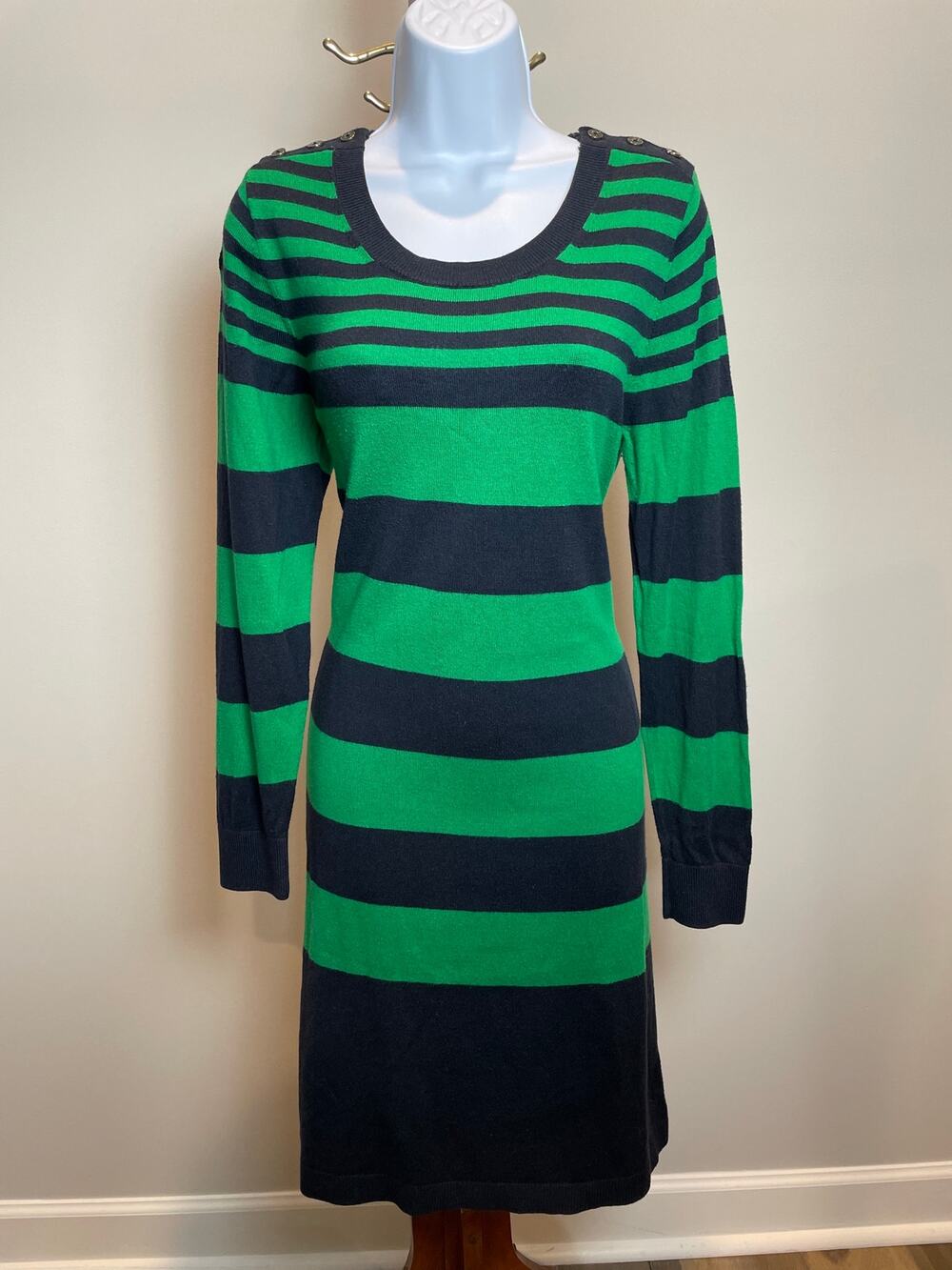 Banana Republic Navy Green Striped Sweater Dress Long Sleeve Cotton Size L